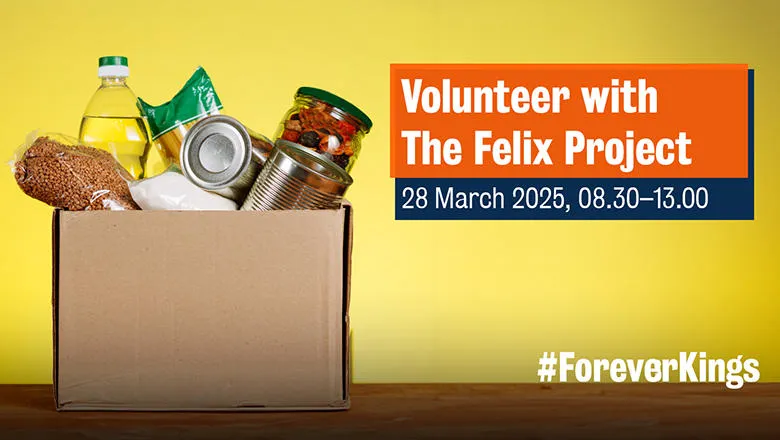 Assorted food items in a cardboard box against a yellow background, with a graphic displaying the words volunteer with the felix project