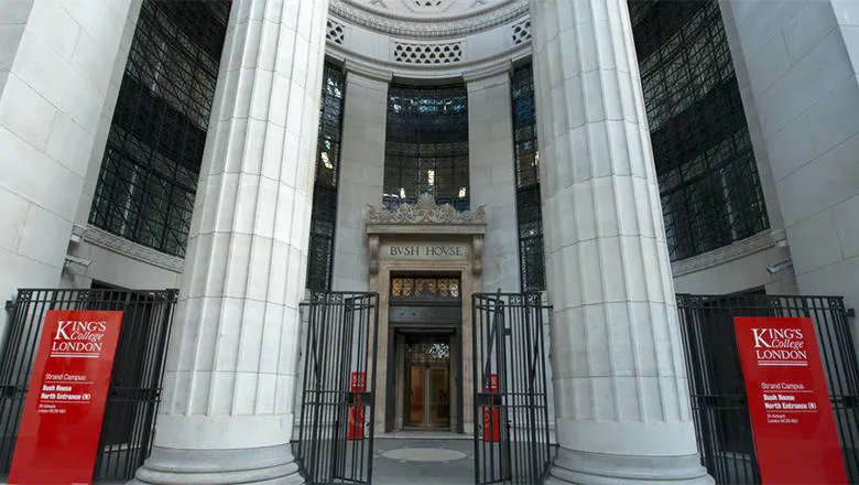 Image of the front of Bush House displays King's signs.