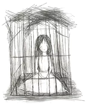 Artwork produced by a young person treated at the Maudsley Hospital, depicting the feeling of being trapped and caged in by OCD.
