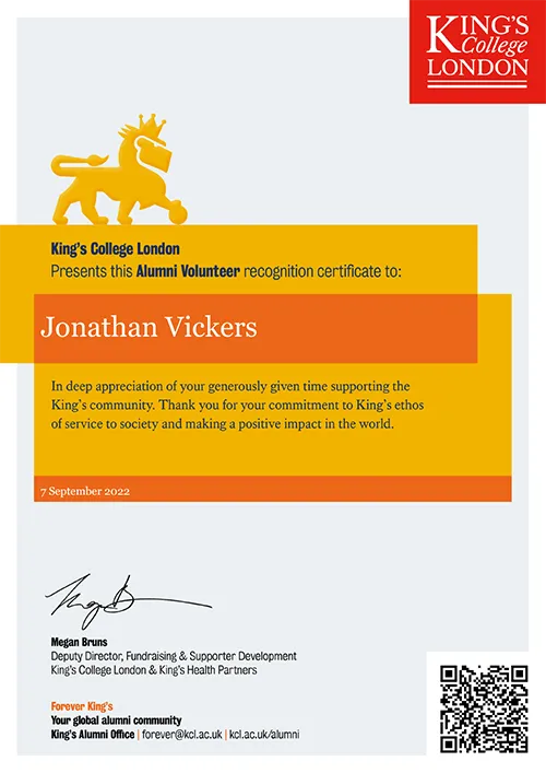 An example of the volunteering certificate alumni receive for their volunteering efforts. It is a white A4 sized certificate, with two yellow overlaid boxes upon which Reggie, the King's mascot, sits. Inside the yellow boxes, it says: In deep appreciation of your generously given time supporting the King's community. Thank you for your commitment to King's ethos of service to society and making a positive impact in the world.