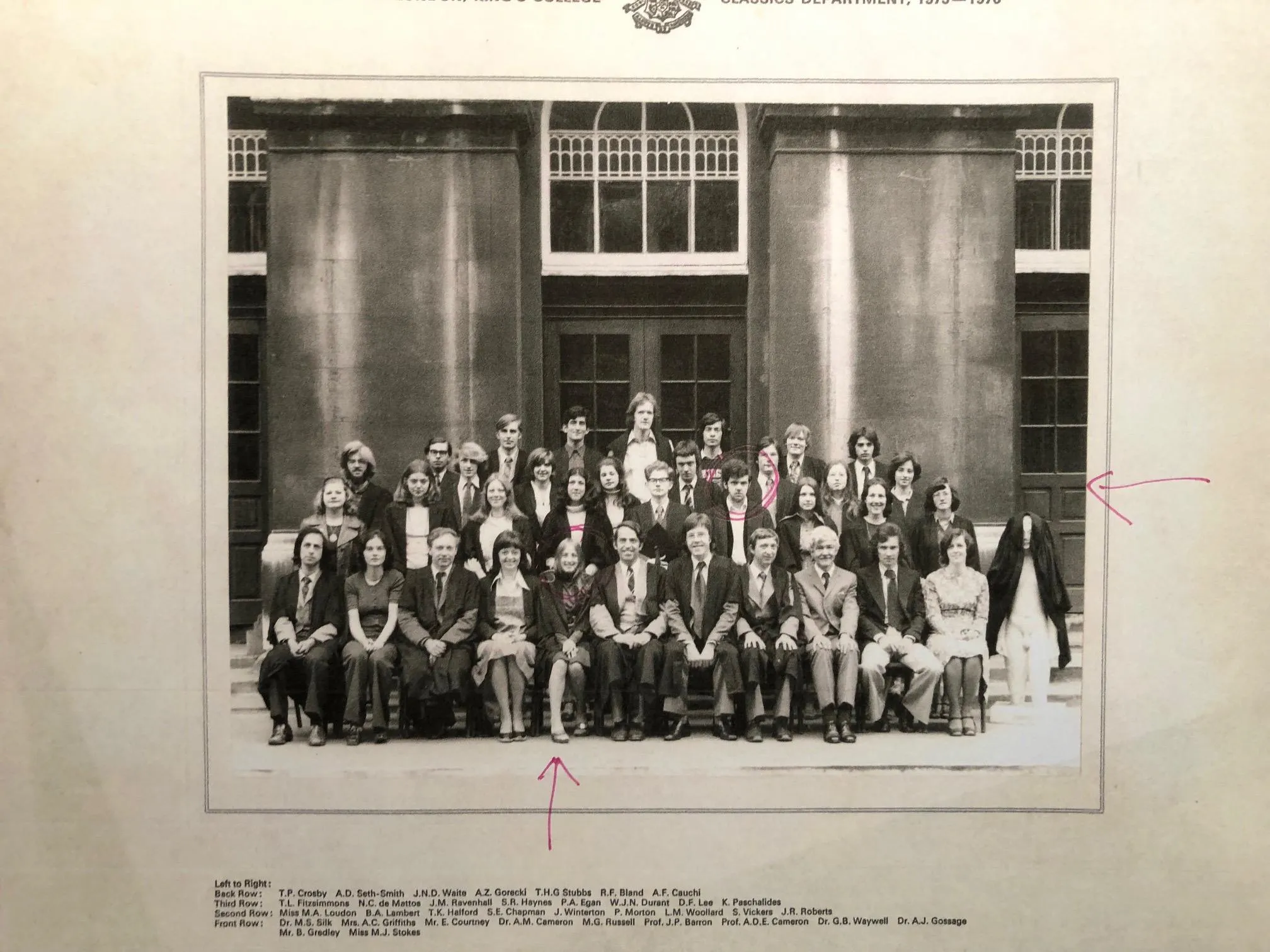 Classics department group photo 1975-1976 with red arrows and circles to show where Mary and Philip are in the group of students.
