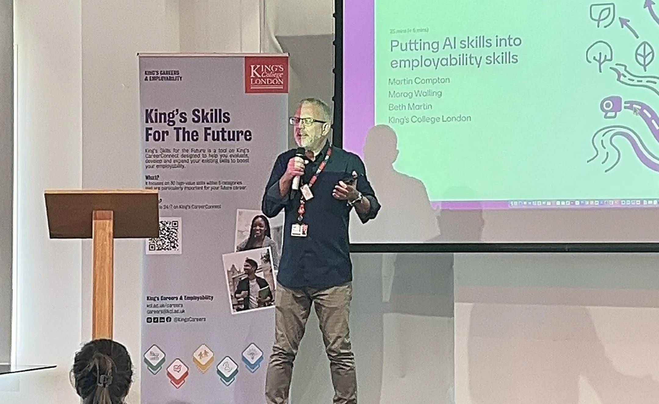 Dr Martin Compton, King's Lead for AI & Innovation in Education in King's Academy on stage.