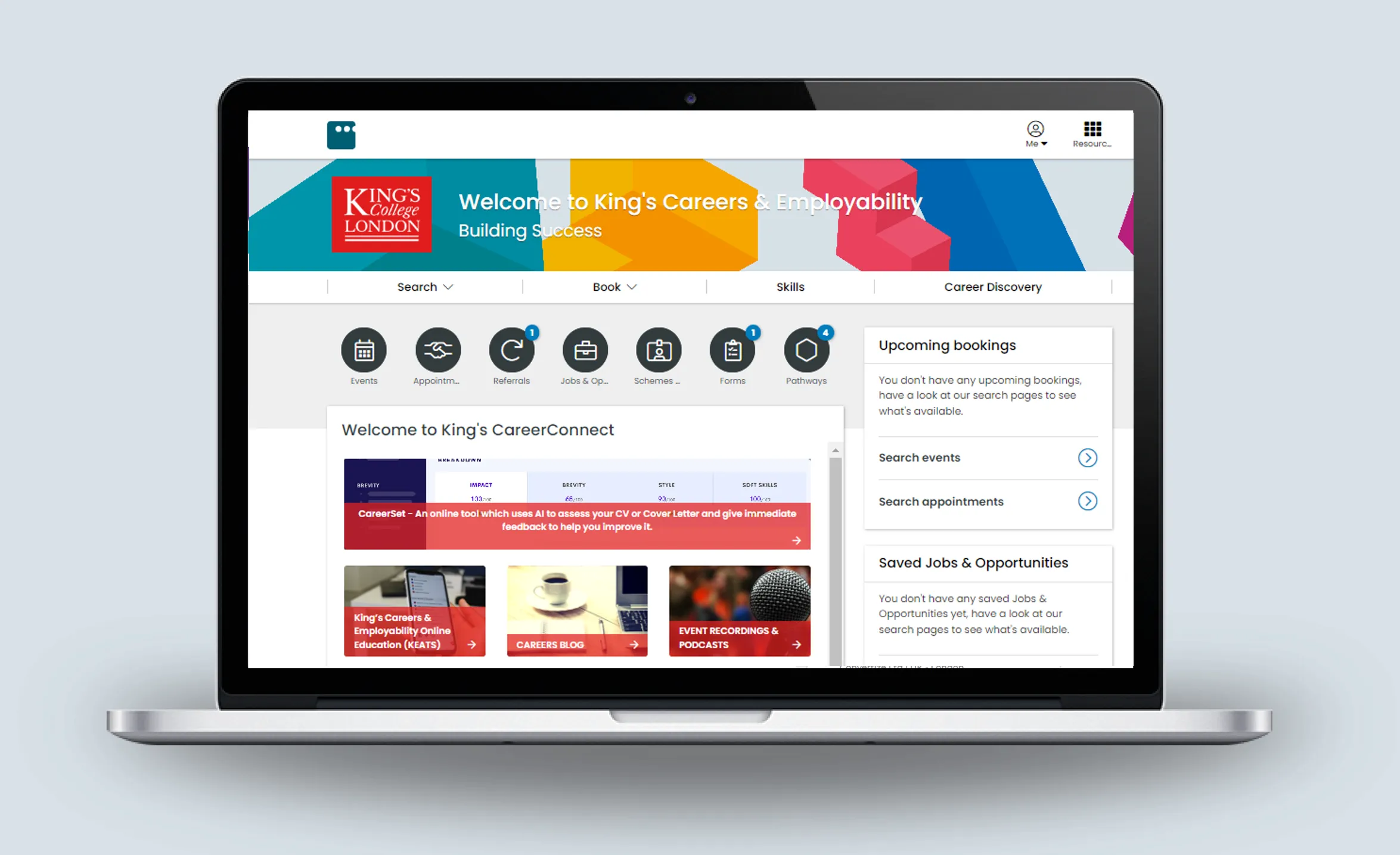 The King's CareerConnect landing page on a laptop screen.