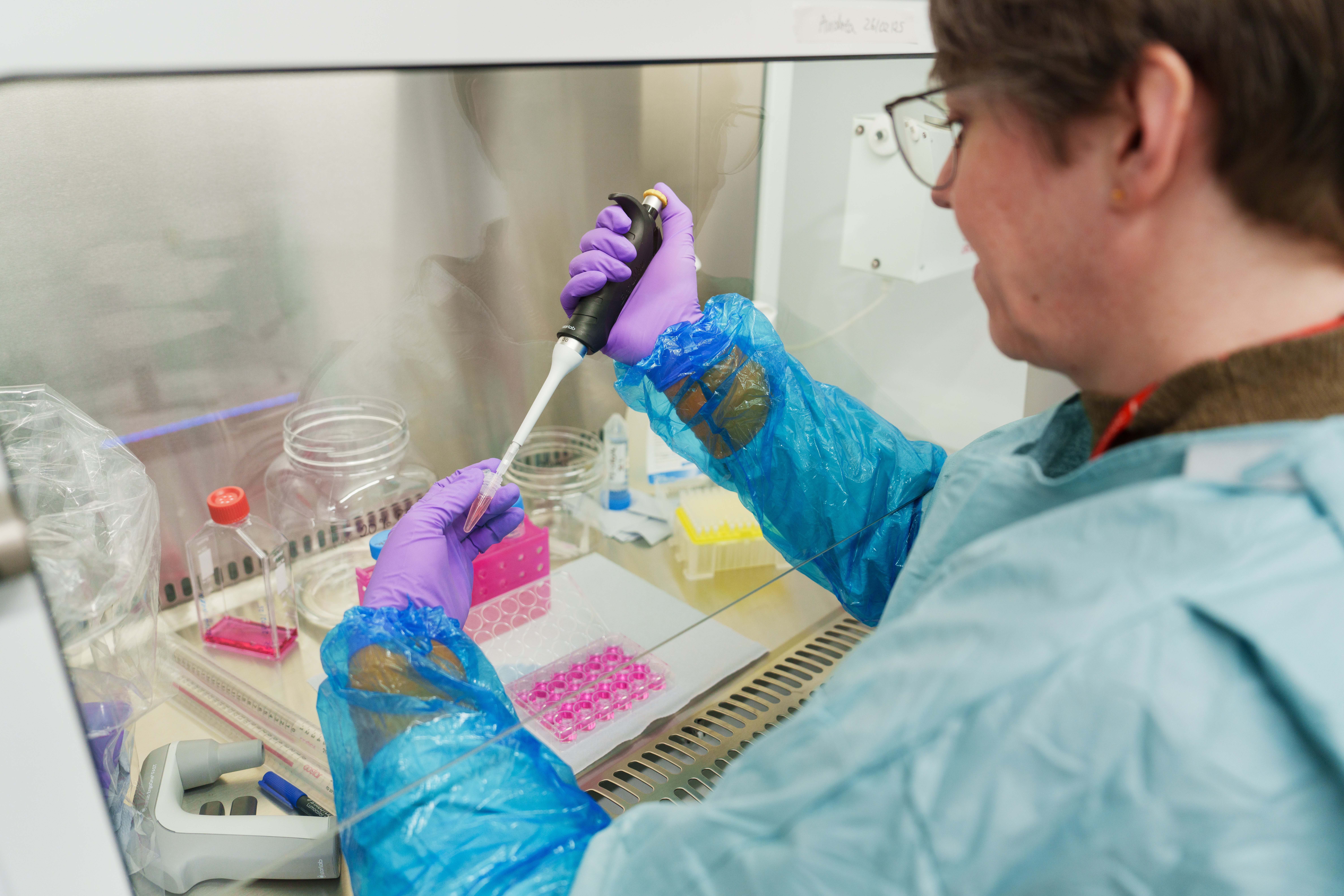 A technician working in a safety cabinet