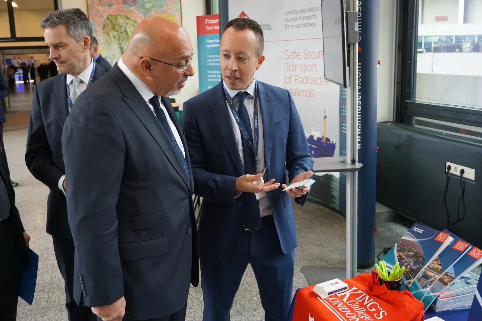 BEIS Minister Nadhim Zahawi (left) and Dr Chris Hobbs (right) discussing CSSS's Nuclear Security Playing Cards.