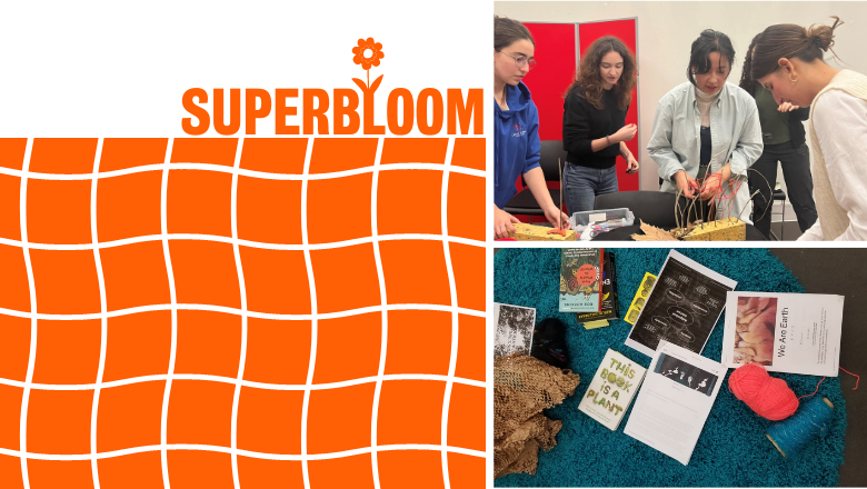 clockwise from left to right: superbloom event image of orange squares, group of students making artwork together and image of books on table