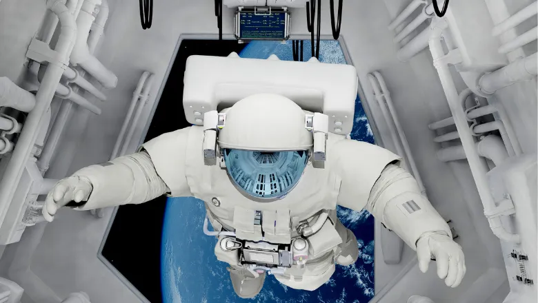 an astronaut in a space station floating above a planet