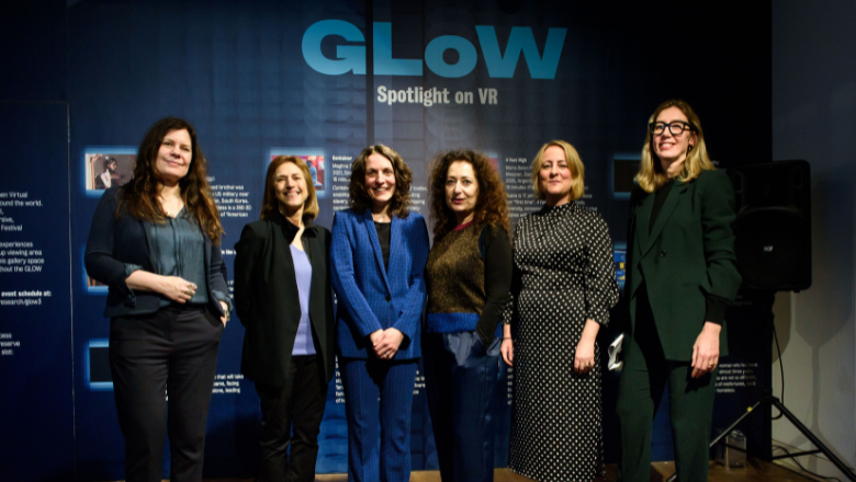 left to right, Executive Dean, Faculty of Arts & Humanities Professor Marion Thain, Digital Artist Peggy Weil, Curator of GLOW Professor Sarah Atkinson, Curator of Spotlight on VR Liz Rosenthal, King's Culture Head of Programming Leanne Hammacott and King