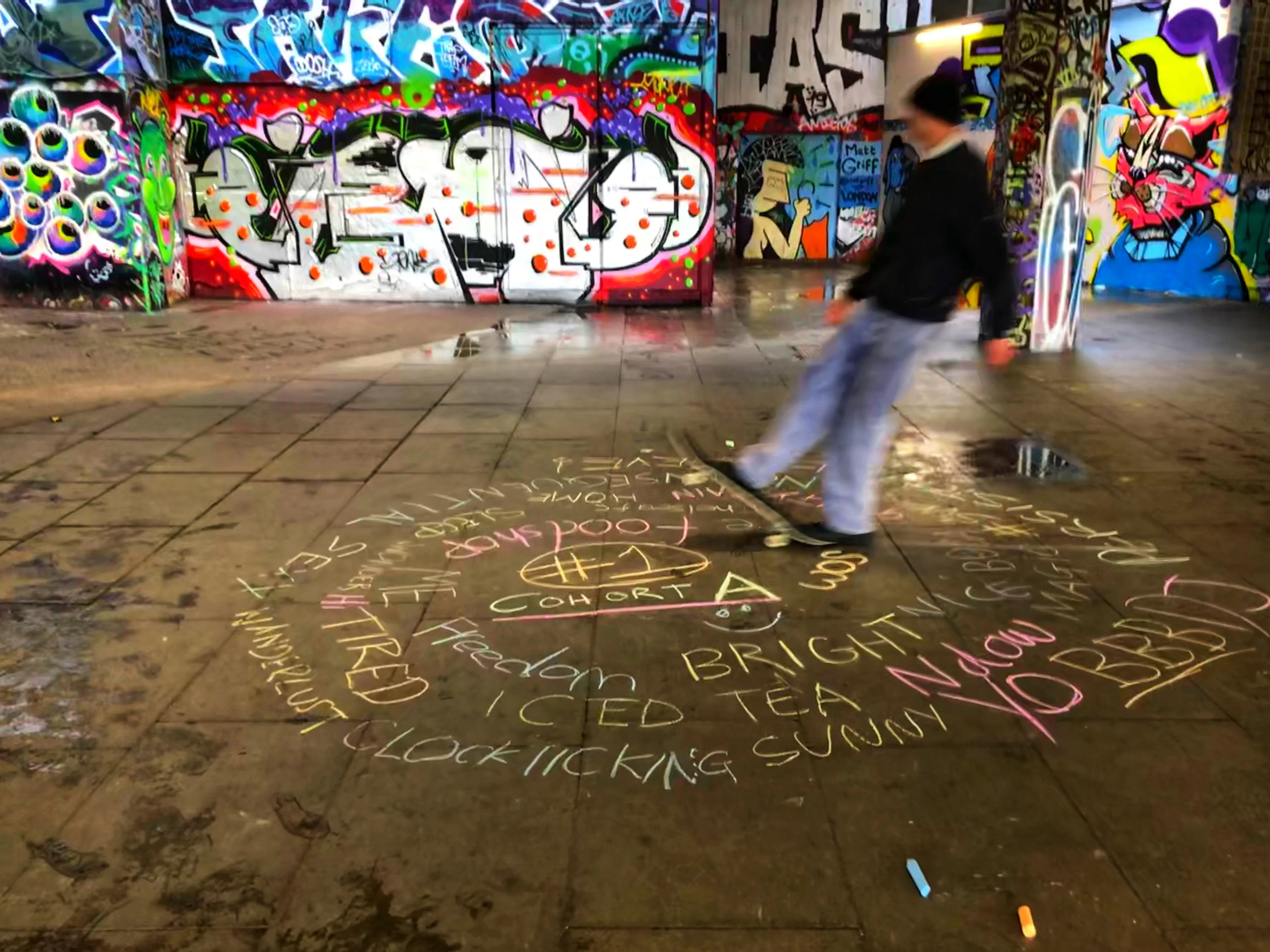 The Undercroft skatepark, Southbank Centre. Each student chose a word from their free writing to create a word spiral in chalk on the floor of the skatepark. 