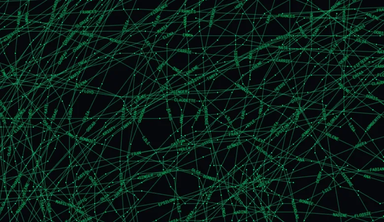 Green intersecting lines, dots and names against a black background