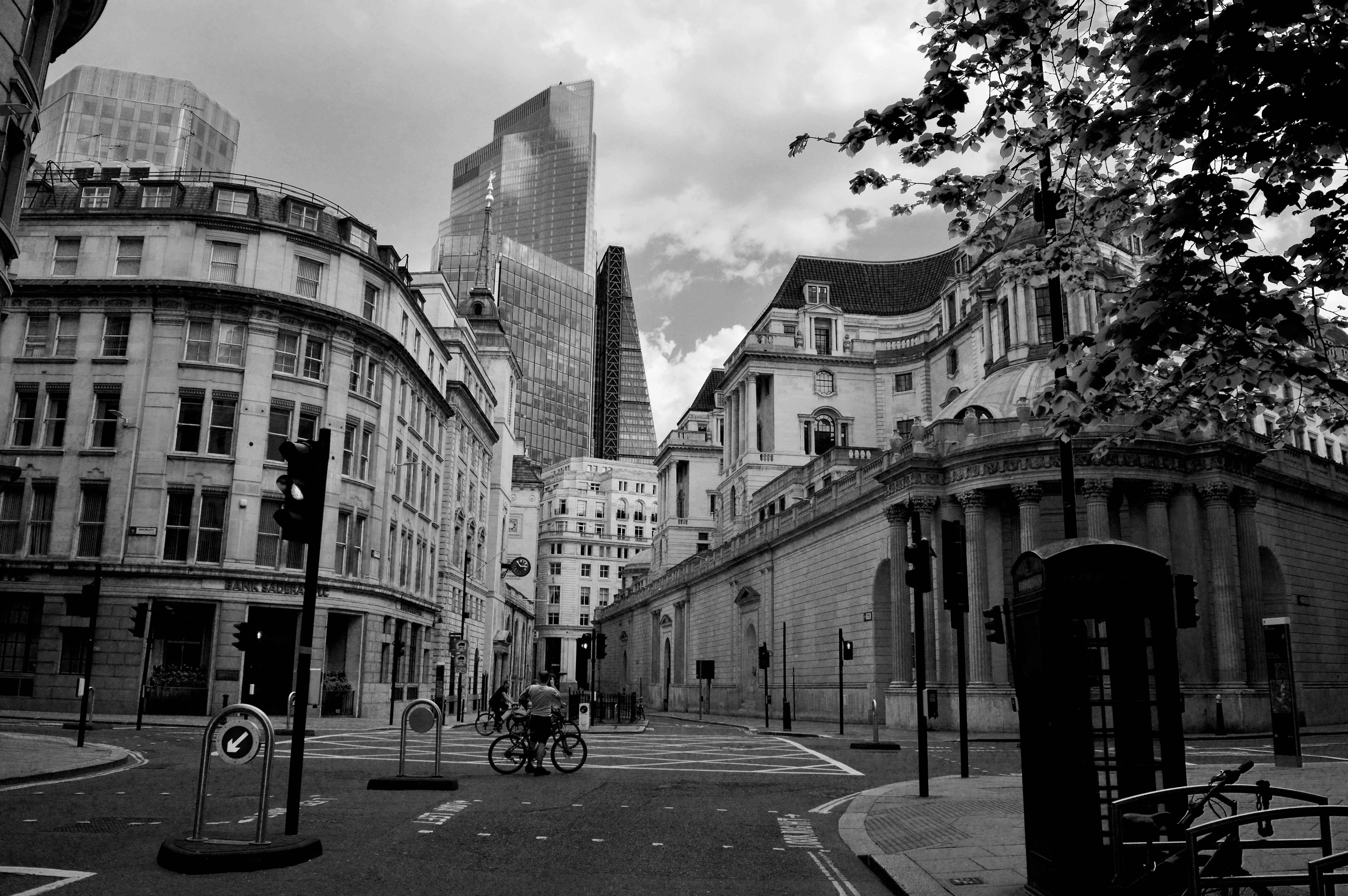 quite streets in London's city centre during lockdown, surrounded by tall buildings