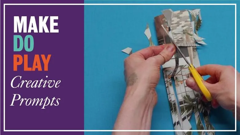 Image of hands with scissors cutting newspaper into leaves on a blue background. Text to the left reads Make Do Play creative prompts on a purple background.