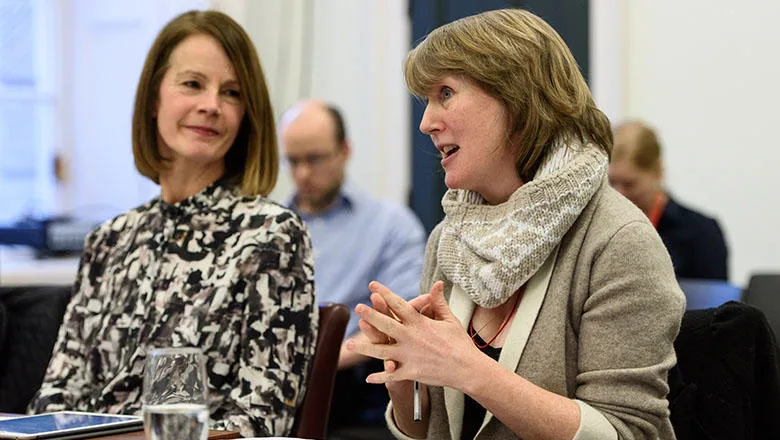 Baroness Deborah Bull and Jacqui O’Hanlon, Director of Education at the Royal Shakespeare Company, at the London evidence session for the Civic University Commission
