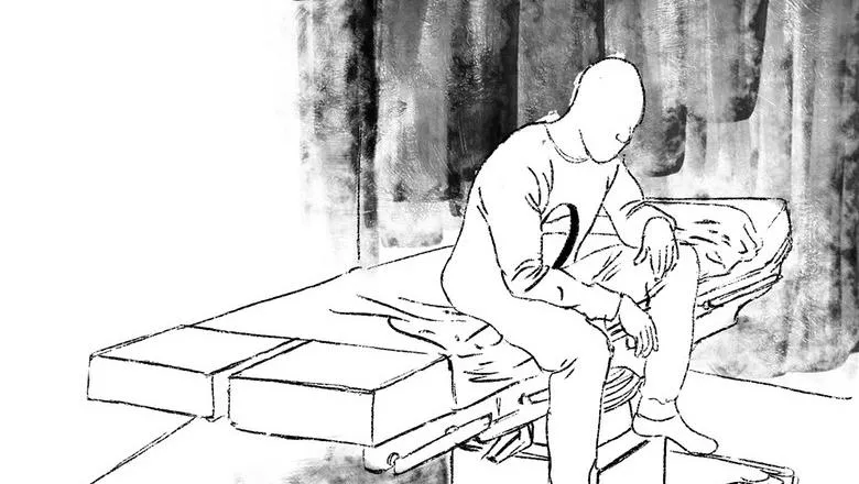 Black and white sketch of a man with a whole in his chest sitting on a surgical bed under radiation generators