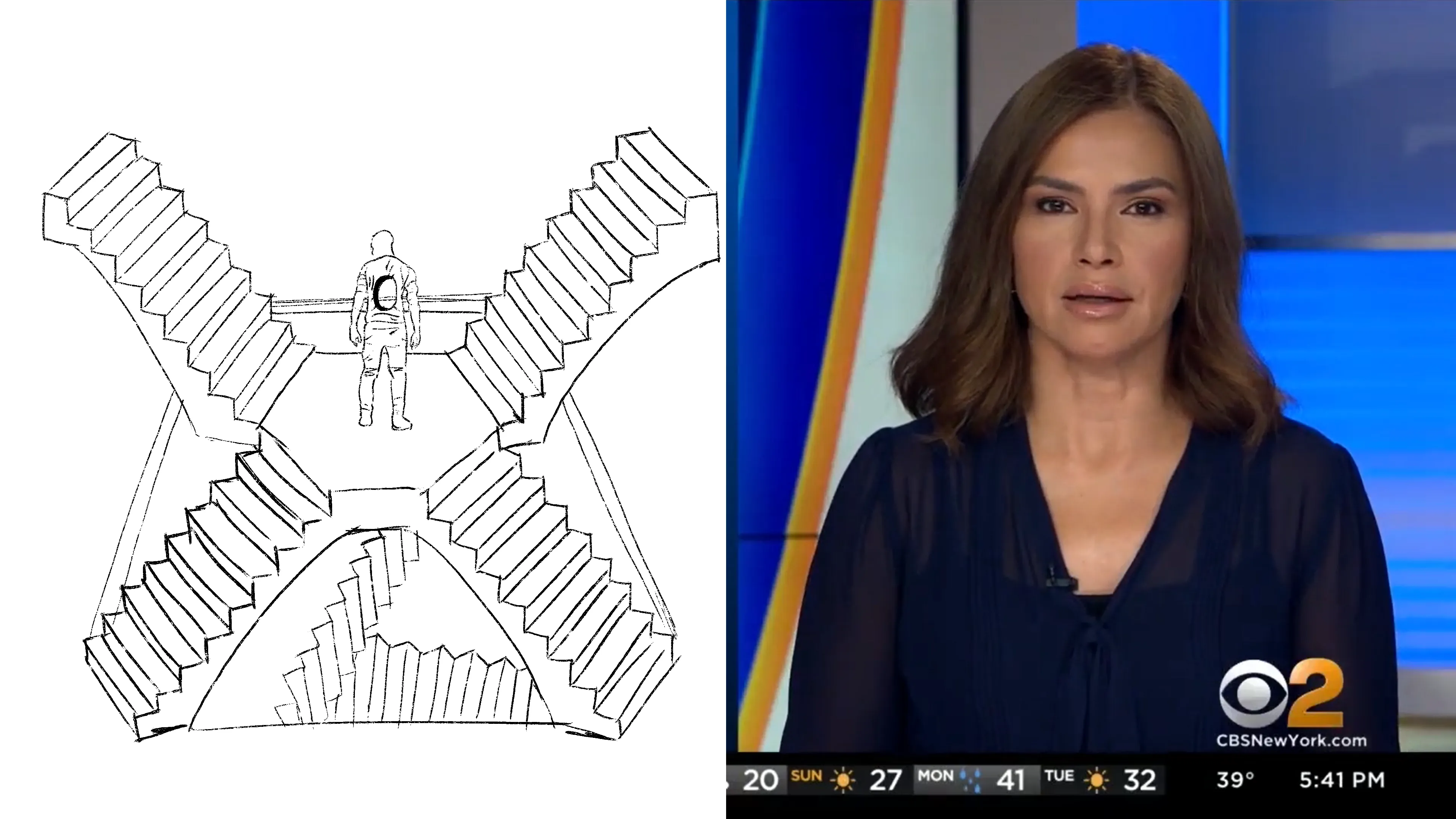 Sketch of multiple staircases with man standing in the middle next to still from a female newsreader wearing black in front of blue background