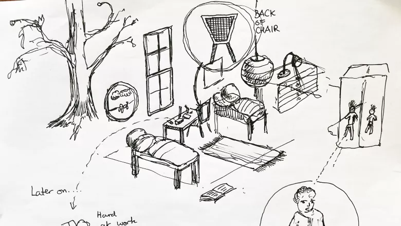 Sketch of a room looked from above with window, tree, beds and other furniture