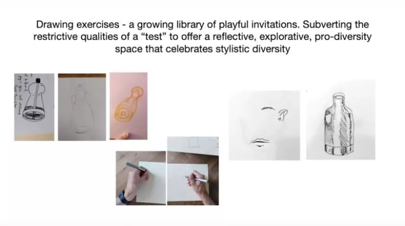 'Drawing exercises- a growing library of playful invitations. Subverting the restrictive qualities of a 'test' to offer a reflective, explorative, pro-diversity space that celebrates stylistic diversity'
