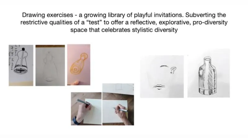 'Drawing exercises- a growing library of playful invitations. Subverting the restrictive qualities of a 'test' to offer a reflective, explorative, pro-diversity space that celebrates stylistic diversity'
