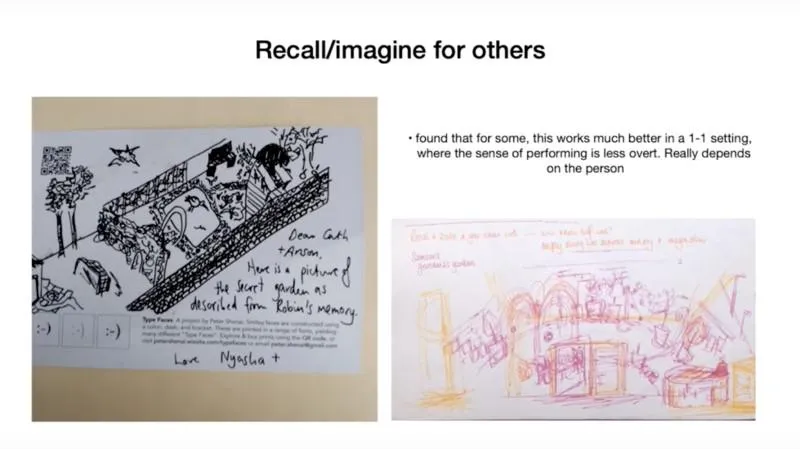 Recall/imagine for others: 'found that for some, this works much better in a 1 to 1 setting, where the sense of performing is less overt. Really depends on the person'