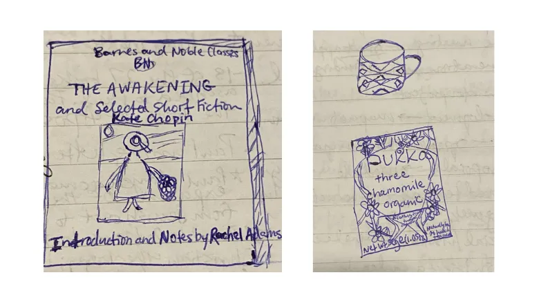 A sketch of a book cover next to a sketch of a herbal tea bag envelope and a tea mug