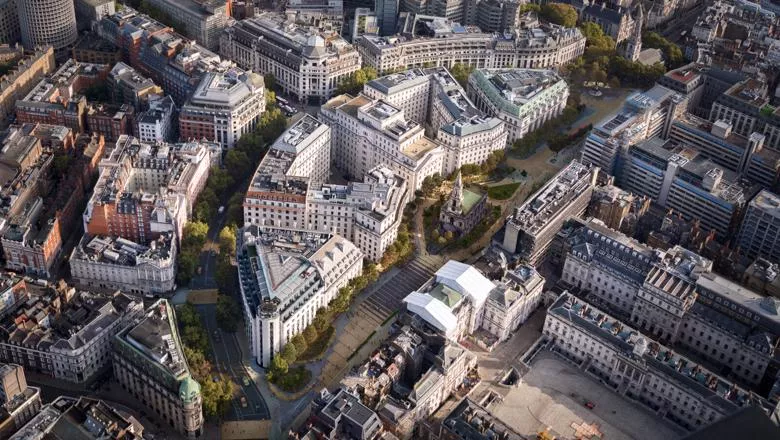 Image shows an areal shot of the Srand Aldwych area in central London