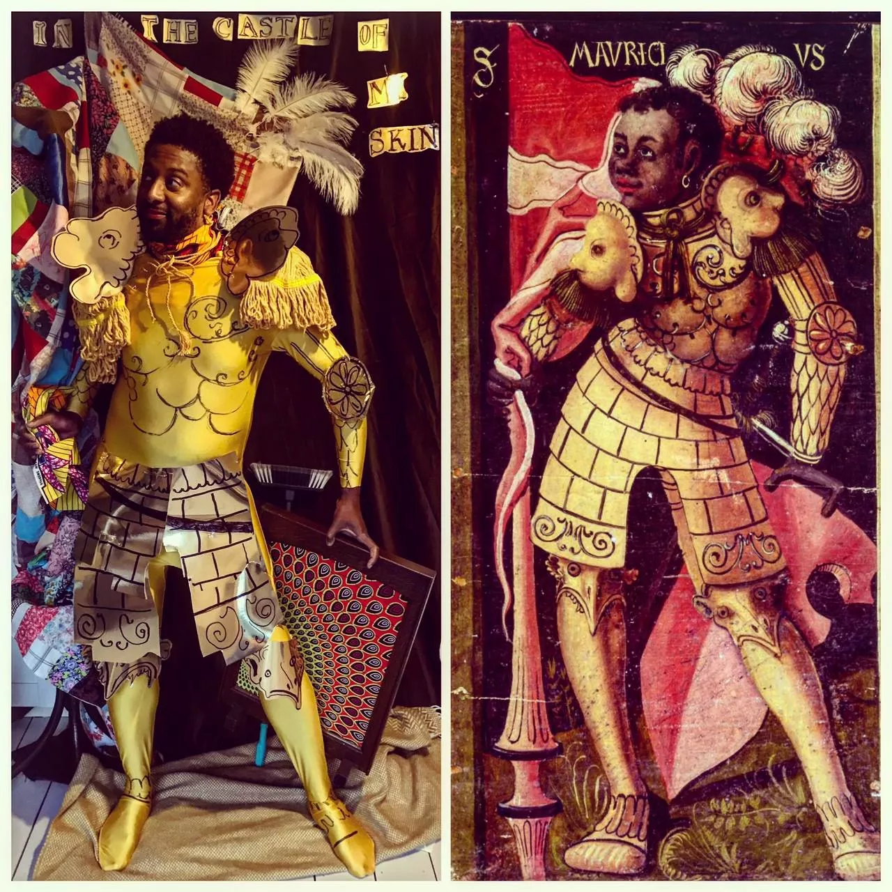 An image showing the original painting next to Peter Brathwaite's restaged image