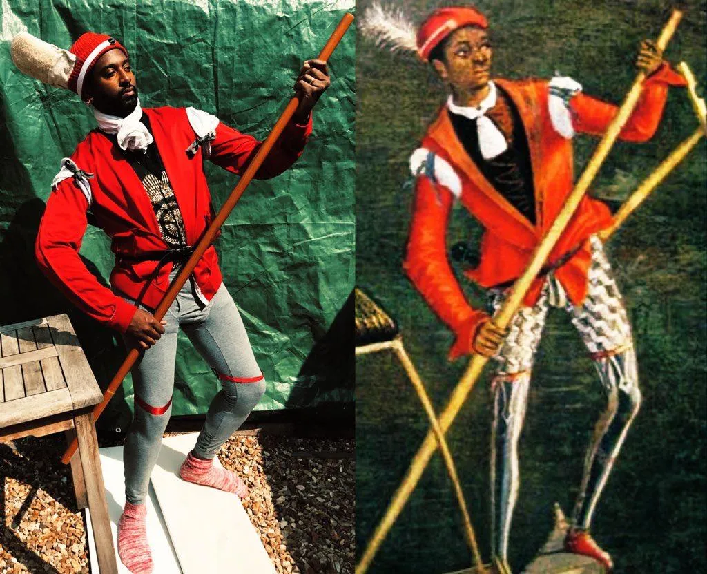 An image showing the original painting next to Peter Brathwaite's restaged image