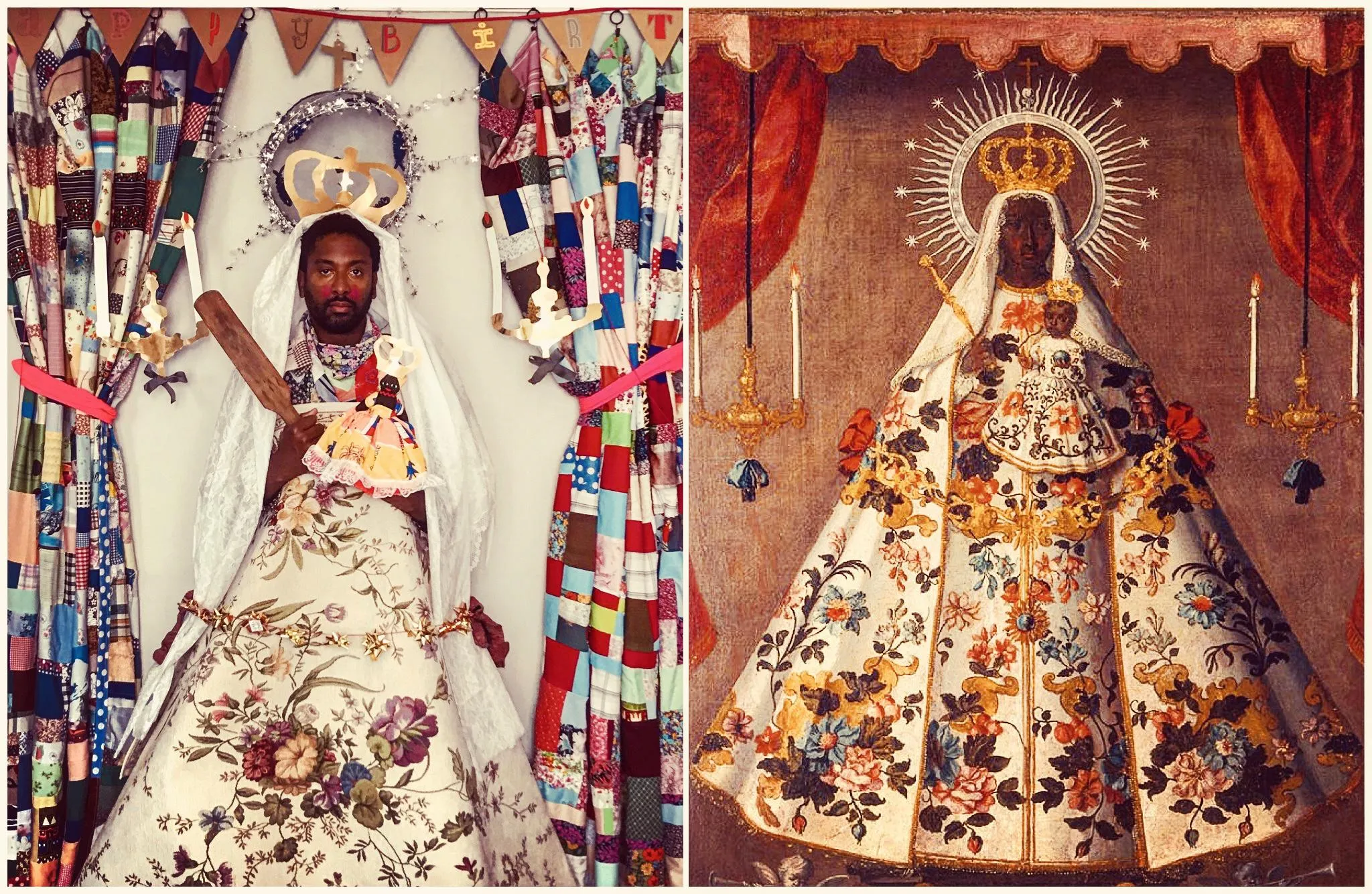 An image showing the original painting next to Peter Brathwaite's restaged image