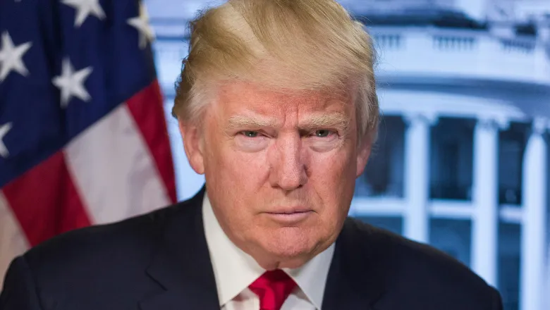 Donald Trump with stars and stripes flag and image of the White House