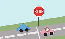 Blue Car stopping at STOP sign and red, virus infected car, failing to recognise STOP signal.