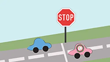 Blue Car stopping at STOP sign and red, virus infected car, failing to recognise STOP signal.