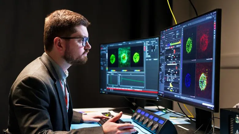 Person looking at scientific images on computer screens.