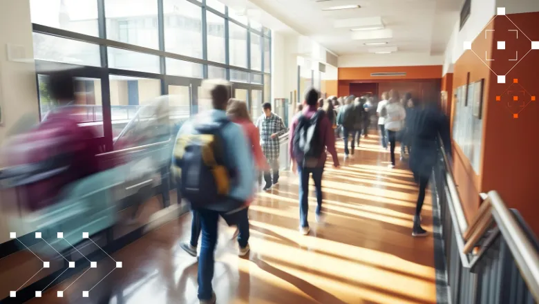 motion blur of students walking down hall