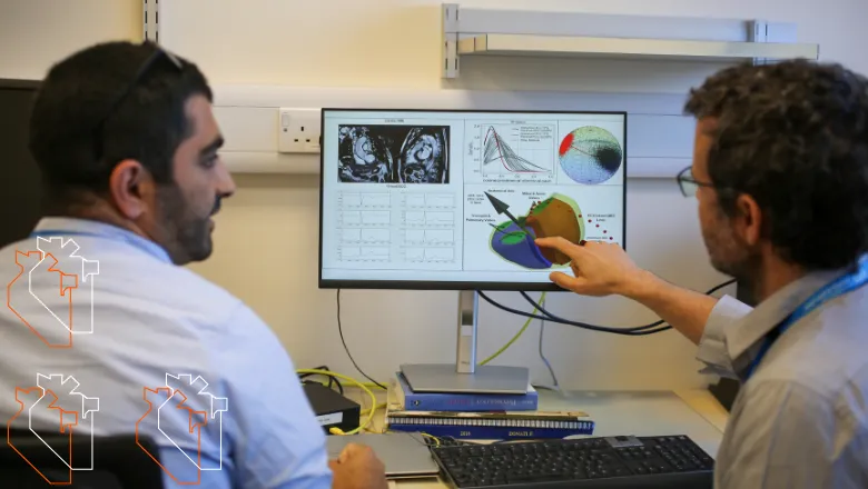 Two male researchers analysing information on a computer screen