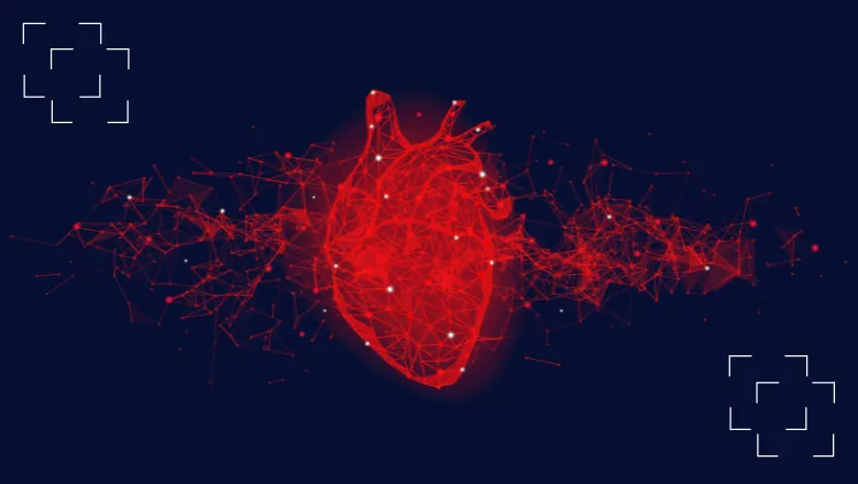 A digital illustration of a human heart made of red lines and dots, set against a dark blue background.