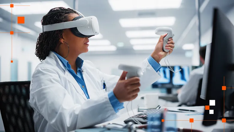 woman in lab coat and office setting wearing VR headset and holding controllers