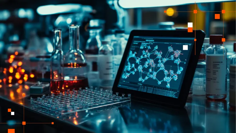 A tablet computer is positioned on a table in a lab, indicating a workspace for scientific research and experimentation.