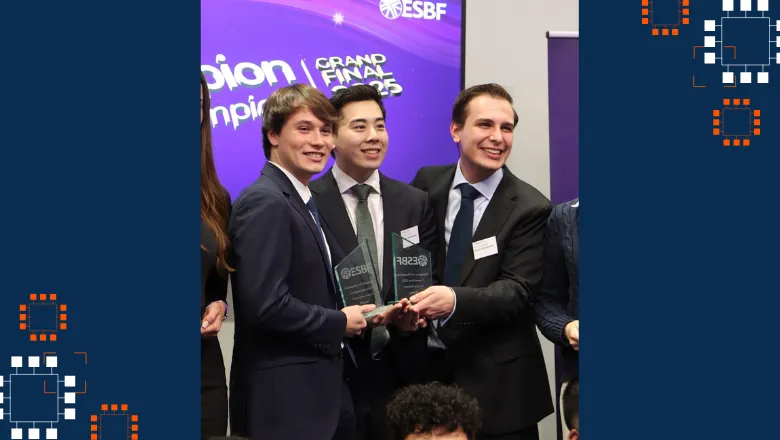 Three men holding two awards made from glass, standing in front of a purple screen with ESBF on it.