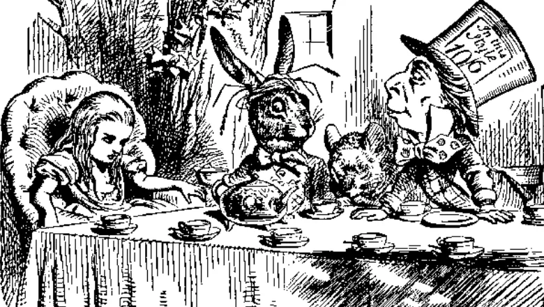 Illustration of the Mad Hatters tea party in Alice in Wonderland