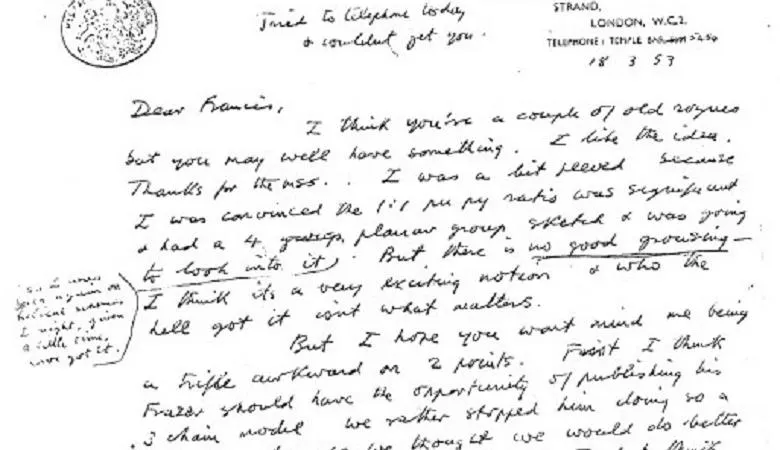 Letter from Wilkins to Crick, reaction to DNA model 1