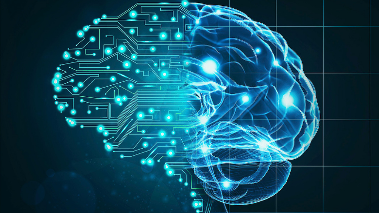 Graphic of brain where half looks like a circuit board