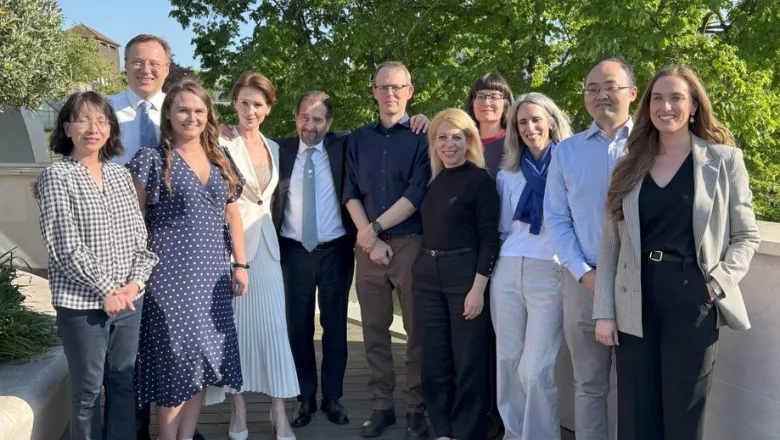 Group photo with the EMBRACE research team (Left to Right): Professor Yulan He, Professor Josip Car, Dr Fiona Lavelle, Dr Anastasija Arechvo, Professor Kypros Nicolaides, Dr Nicholas Cummins, Dr Argyro Syngelaki, Dr Jeannine Baumgartner, Dr Sara White, Dr Lei Lu, Madeleine Benton. Not pictured: Kate Duhig, Dr Michele Orini, Dr Marietta Charakida, Kate Barlow, Professor Lucilla Poston.