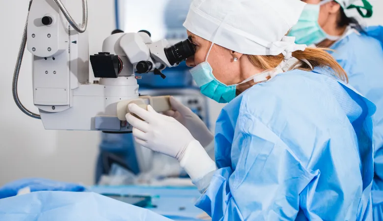 Ophthalmologists inspecting an eye through a microscope