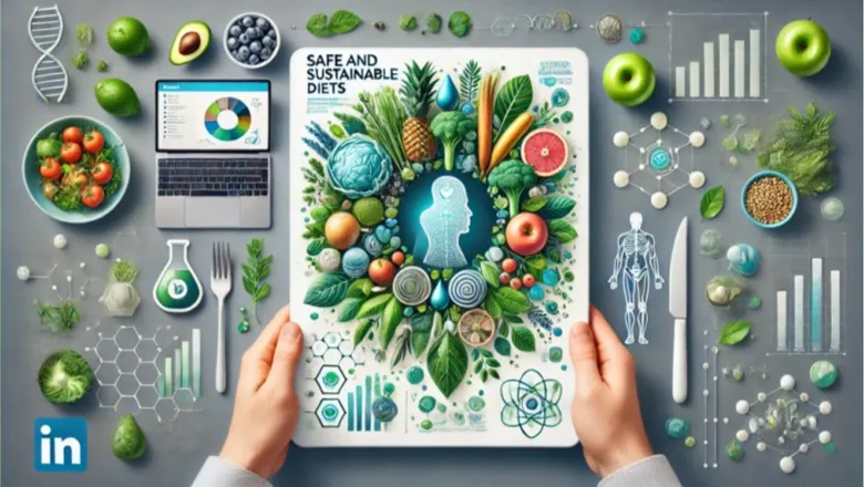 Graphic with food items, a laptop and scientific data.