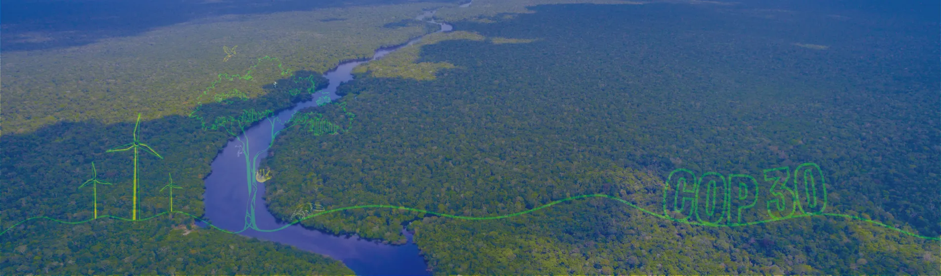 An image of the Brazilian Amazon with a drawing of a tree and the words COP30 on it