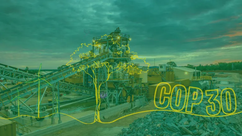 A mineral mine with the words COP30 overlaid