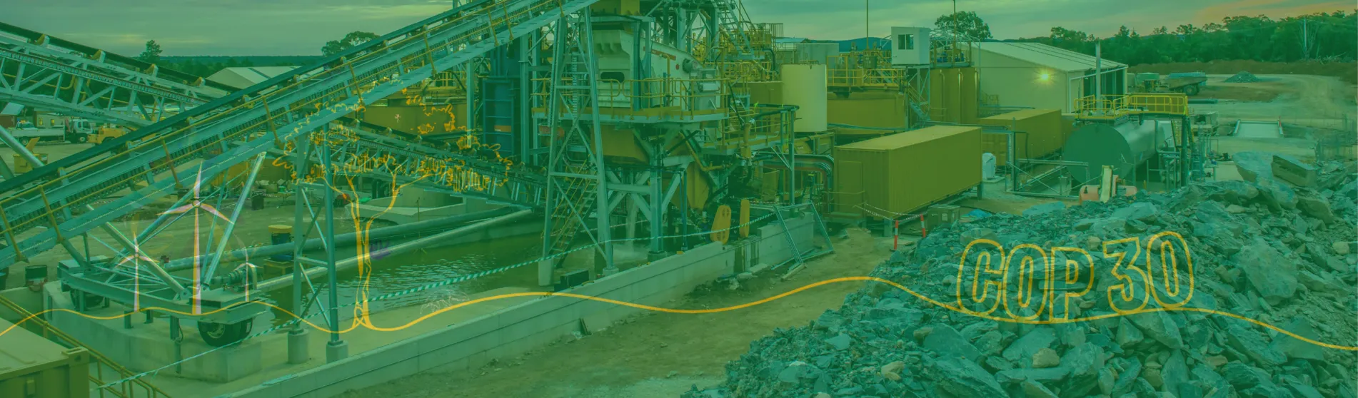 A mineral mining facility with the words COP30 overlaid