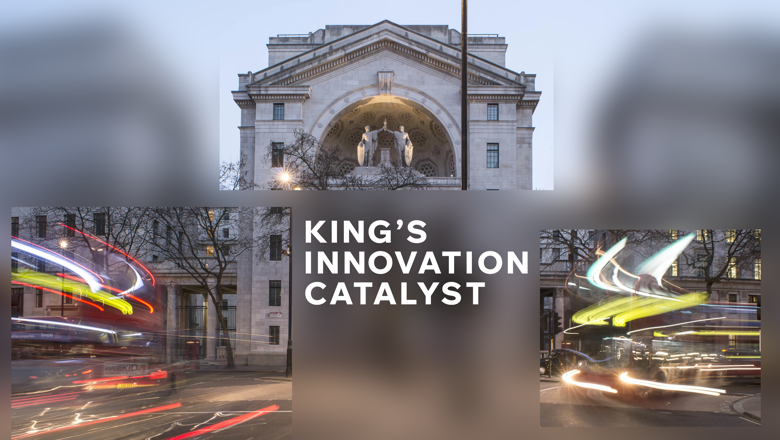King's College London Bush House with blurred time lapse traffic and King's Innovation Catlyst logo