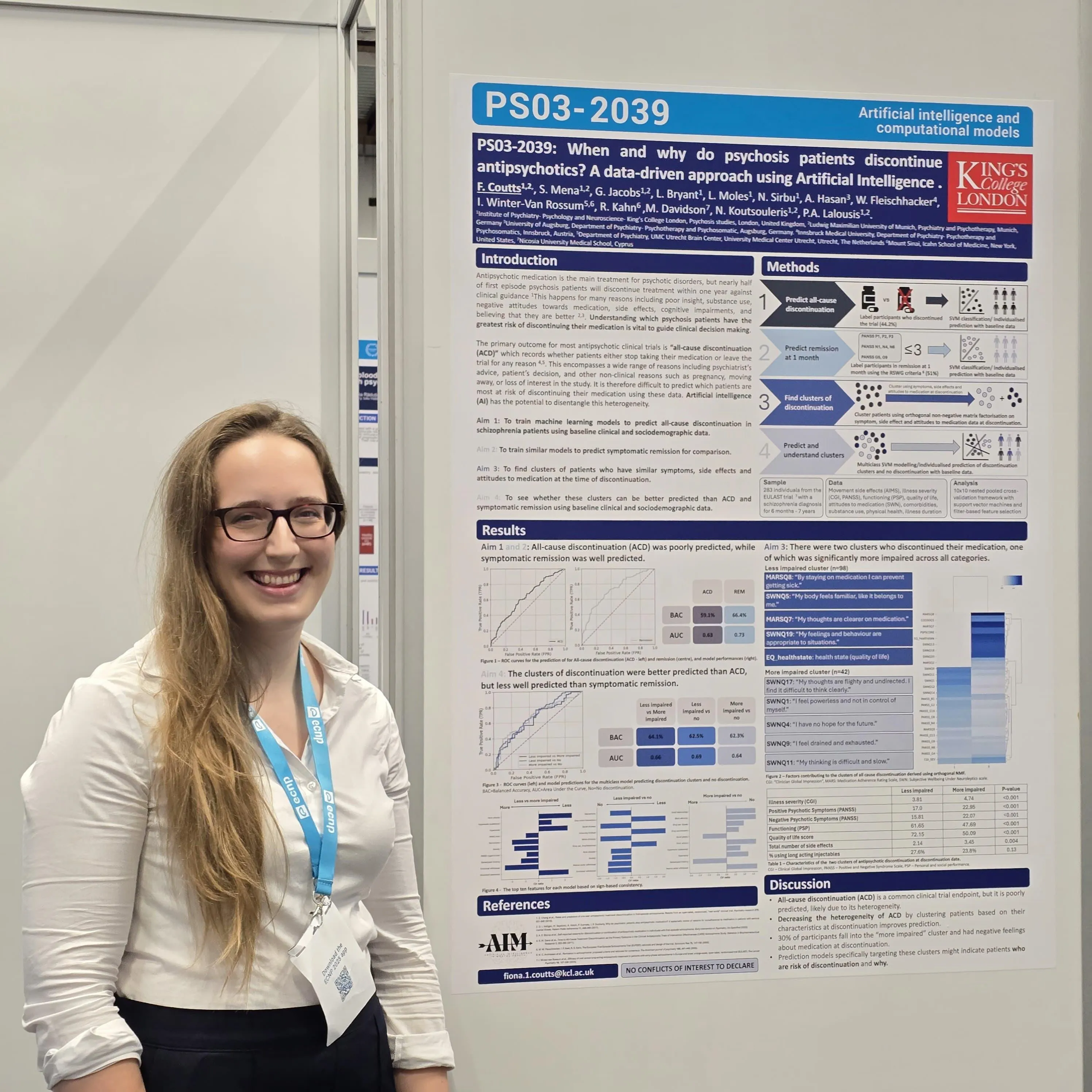 Woman smiling beside a King’s College London research poster with charts and text.