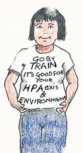 Cartoon of a smiling person in a T-shirt reading “Go by train, it’s good for your HPA axis and environment.